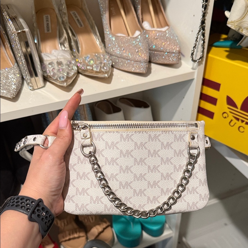 Michael Kors Silver-White MK Logo belt bag with Chain Strap